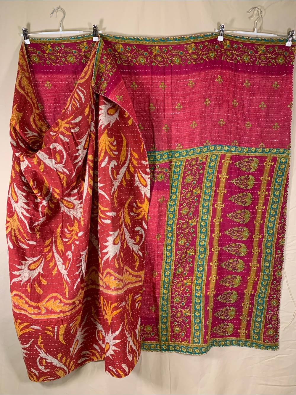 Handmade Kantha Quilt Twin Size Recycled Sari Cotton Magenta Rust Gold Tan